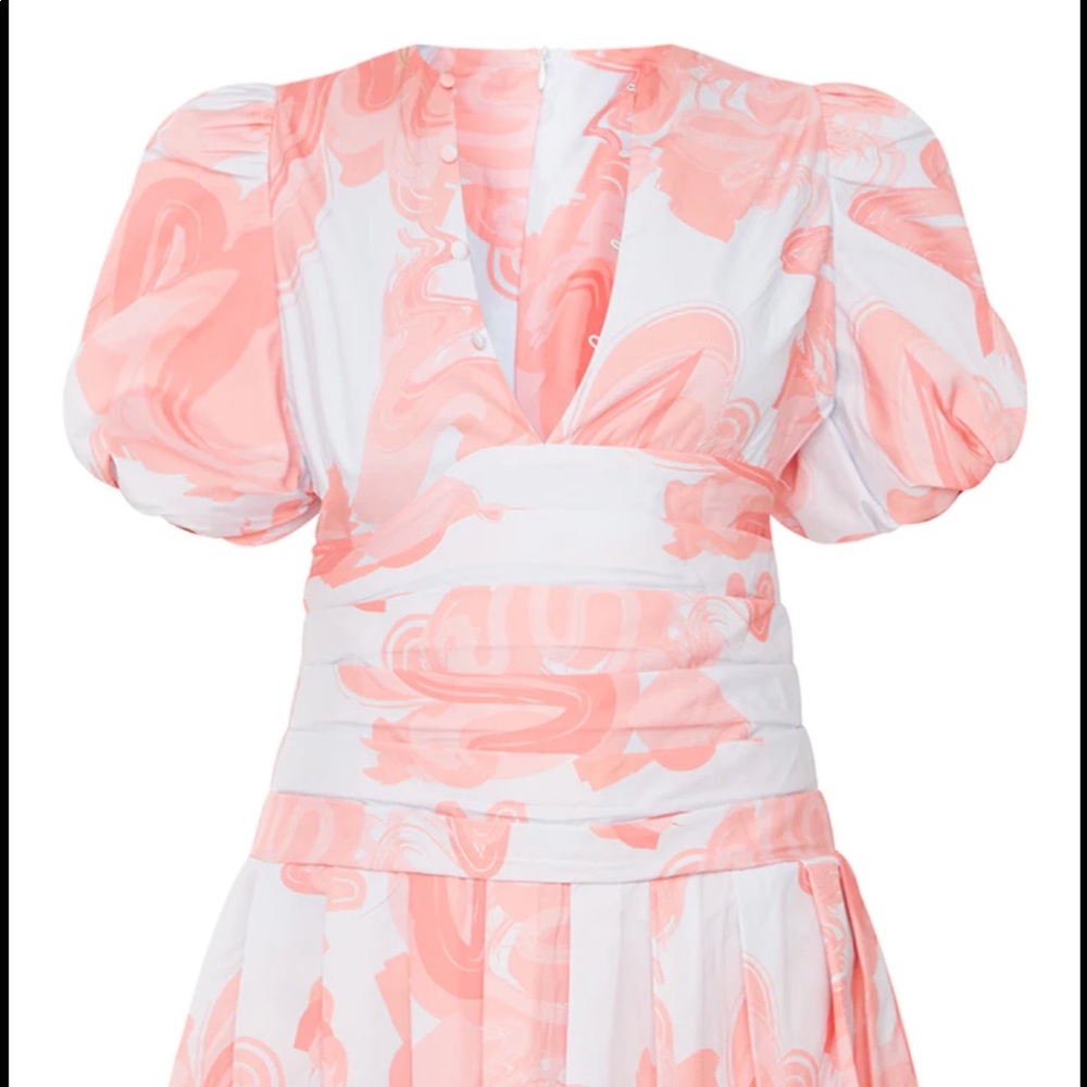 Pink Print Pleated Waist Puff Sleeve Skater Dress - Picture 3 of 6